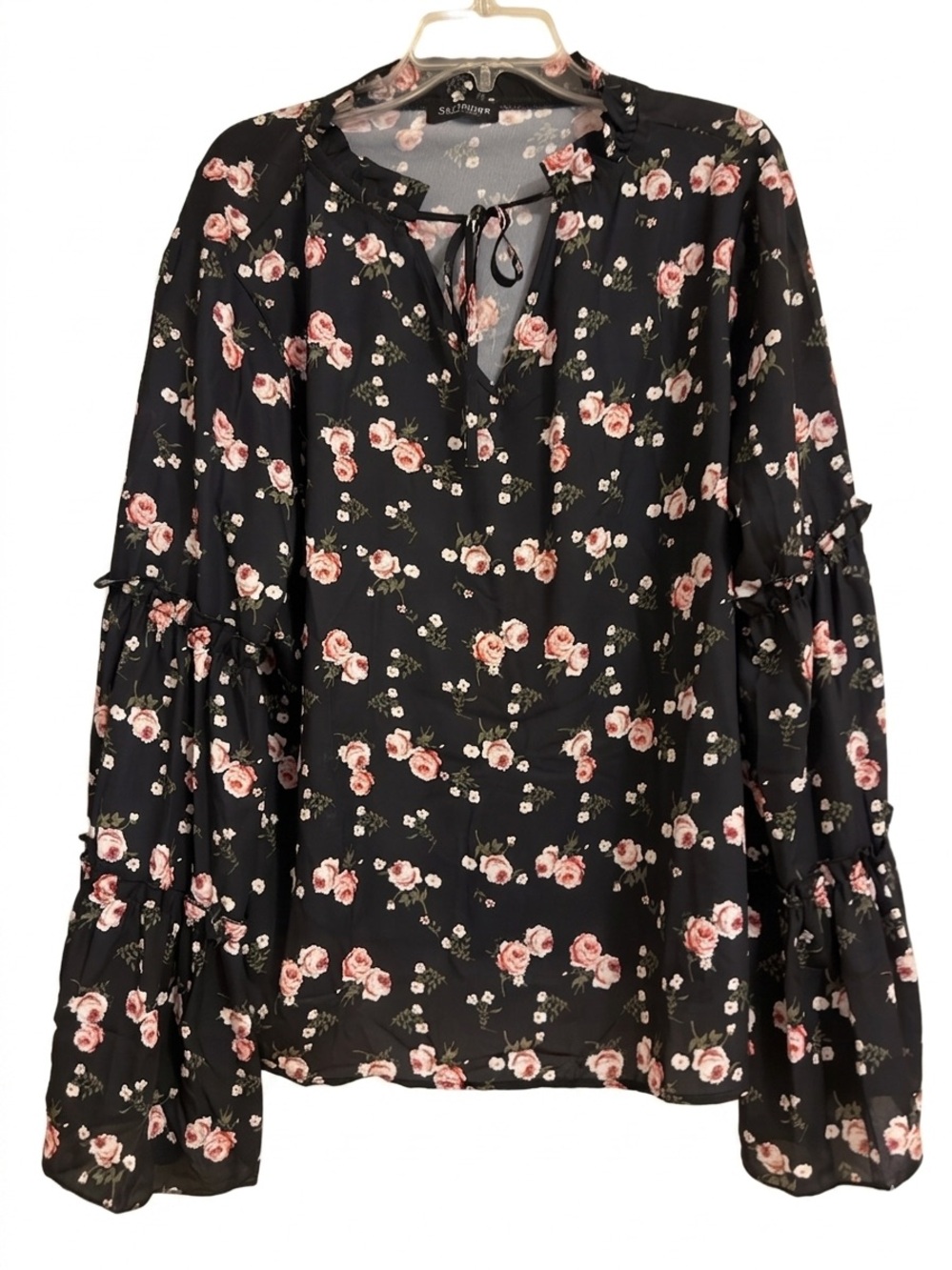 Floral Tie-Neck Blouse - Black with Pink Roses